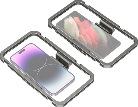 Universal phone cage with two side mounts for smartphones, portrait/landscape