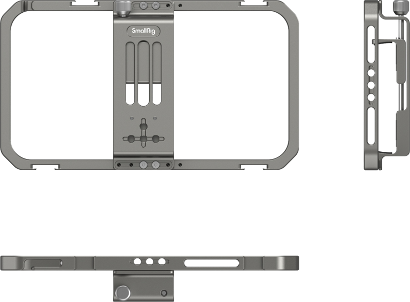 Front view of universal mobile phone cage with touchscreen opening and screw mounts