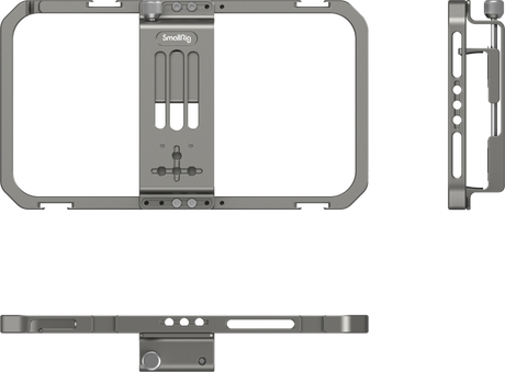 Front view of universal mobile phone cage with touchscreen opening and screw mounts