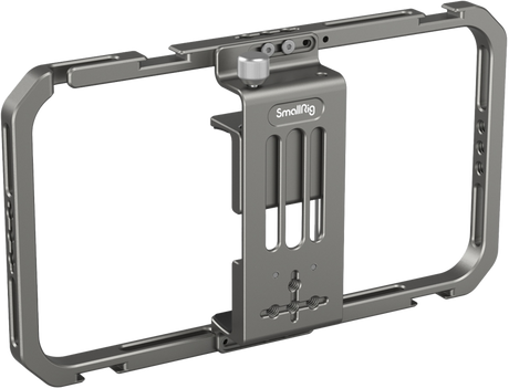 Universal mobile phone cage with metal frame, mounting slots and side openings