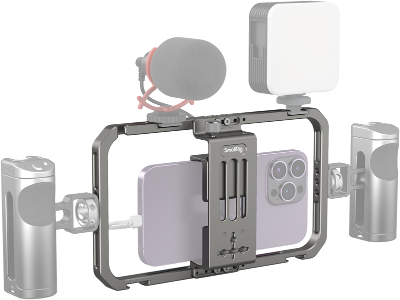 Universal phone cage mounted with smartphone, cold-shoe mount and side ports