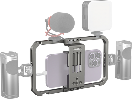 Universal phone cage mounted with smartphone, cold-shoe mount and side ports