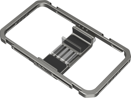Universal phone cage with top handle plate and adjustable side rail cutouts