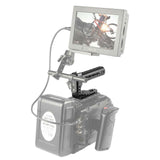 Long lens handle with rosette mount, attached to camera rig with monitor on top.