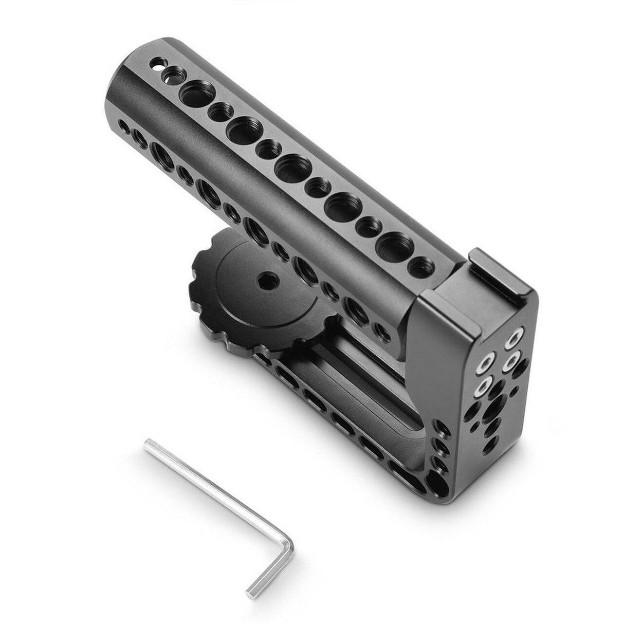 Black mounting long-lens handle with perforated rail, rosette base, and included Allen key.