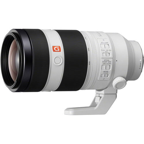 100-400mm FE lens with black ribbed focus ring and white barrel, tripod mount