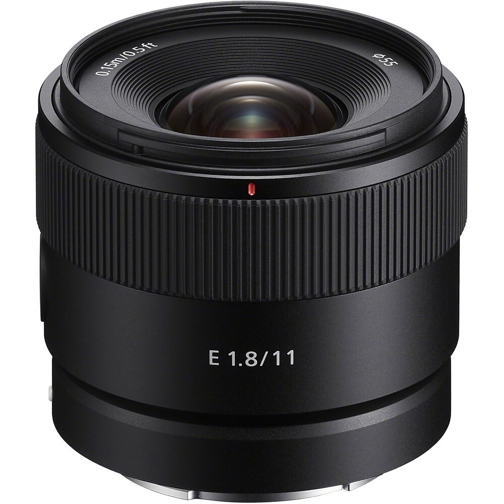 Sony E 1.8/11 lens, front glass element and engraved markings, black barrel