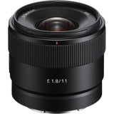 Sony E 1.8/11 lens, front glass element and engraved markings, black barrel