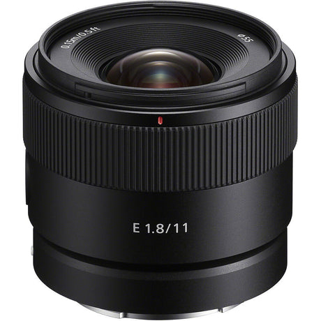 Sony E 1.8/11 lens, front glass element and engraved markings, black barrel