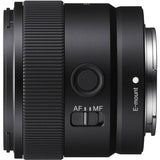 Sony 11mm f/1.8 E-mount lens side view, AF/MF switch, E-mount contacts, black