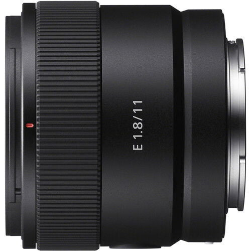 Sony 11mm f/1.8 E-mount lens side, ribbed focus ring and E 1.8/11 text, black