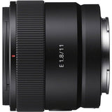 Sony 11mm f/1.8 E-mount lens side, ribbed focus ring and E 1.8/11 text, black