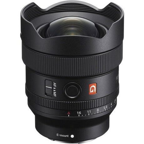 Front view of black FE 14mm f/1.8 GM lens with glass element