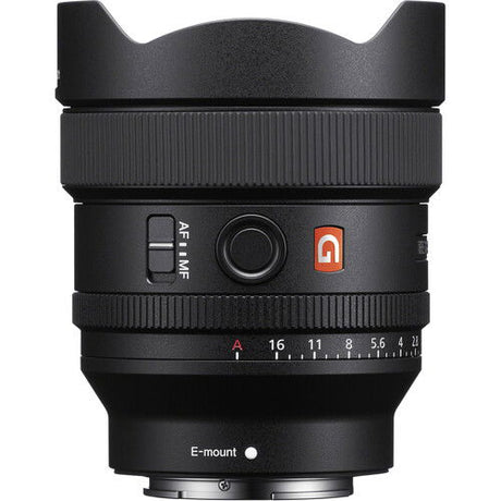 Black FE 14mm f/1.8 GM lens front ring with AF/MF switch and markings