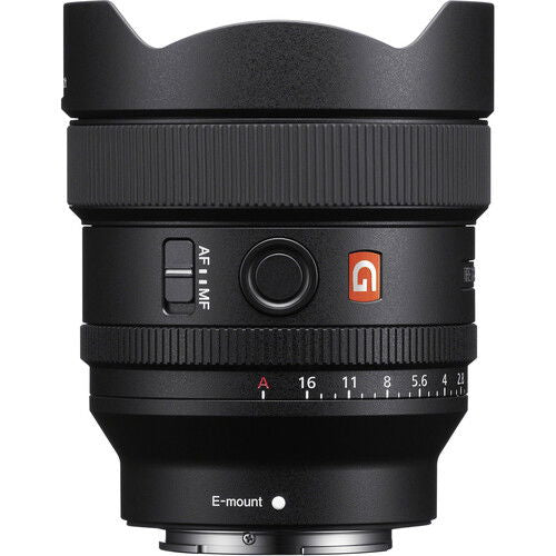 Black FE 14mm f/1.8 GM lens front ring with AF/MF switch and markings