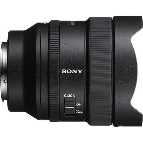 Side view of black FE 14mm f/1.8 GM lens with CLICK switch (ON/OFF)