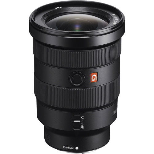 Obiectiv Sony 16–35mm, negru, inel canelat și emblemă G pe corp