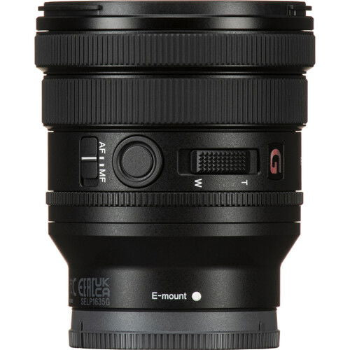 FE 16-35mm f/4 PZ G lens, rear E-mount area with lock switch and ports