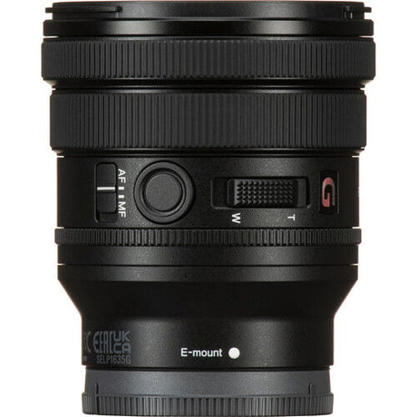 FE 16-35mm f/4 PZ G lens, rear E-mount area with lock switch and ports