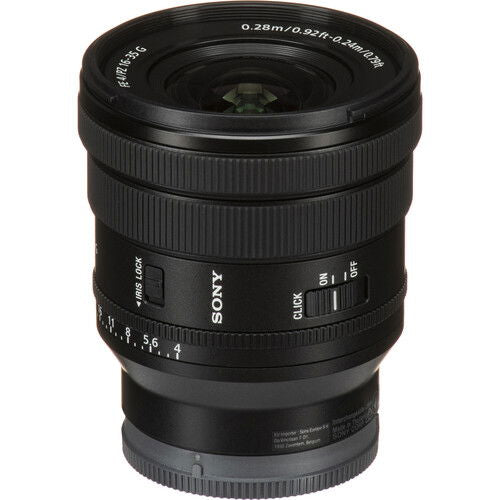 FE 16-35mm f/4 PZ G lens, side view with textured rings and switch labels