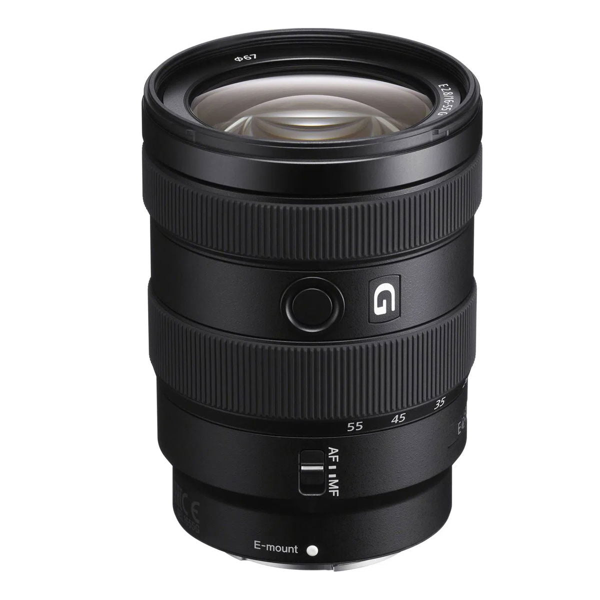 Obiectiv foto Sony G, montură E, negru, cu inele zimțate și buton AF/MF