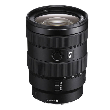 Black E-mount 16-55mm f/2.8 zoom lens front view, AF/MF switch and G logo