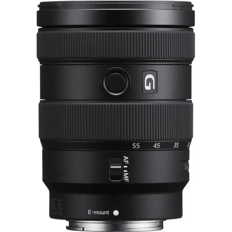 Black E-mount 16-55mm f/2.8 zoom lens side view, AF/MF switch and scale