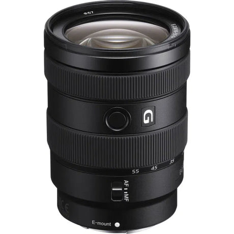 Black E-mount 16-55mm f/2.8 zoom lens front with focus markings and G logo