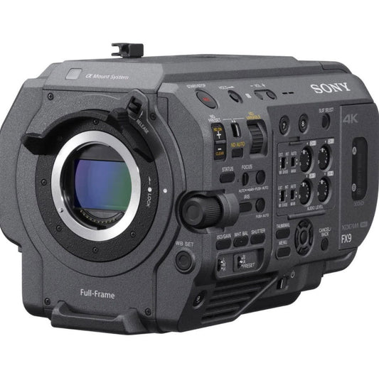 Full-frame cinema camera body with lens mount and front control panel, front view