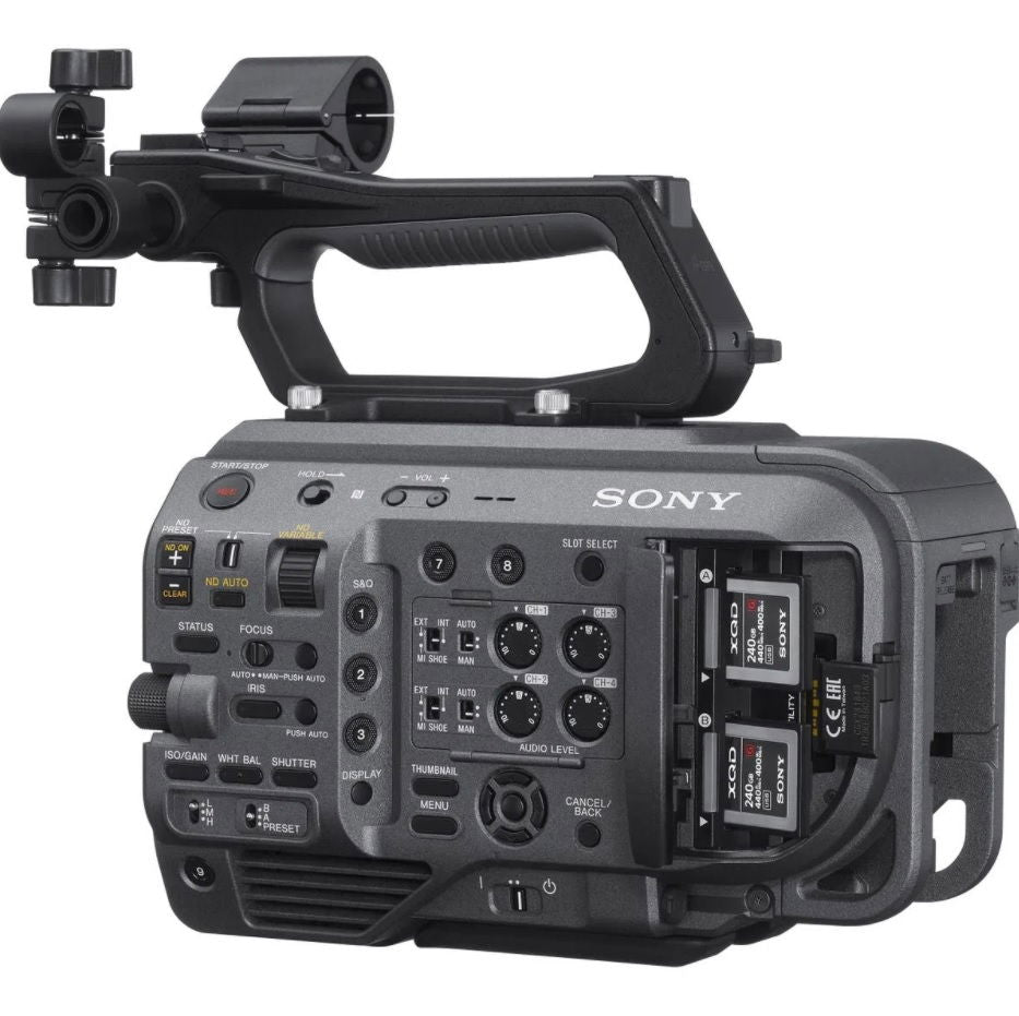 Cinema camera body with rear controls and media card slots, side/back view