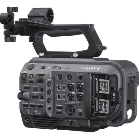 Cinema camera rear view with ports and card slots, side handle and controls