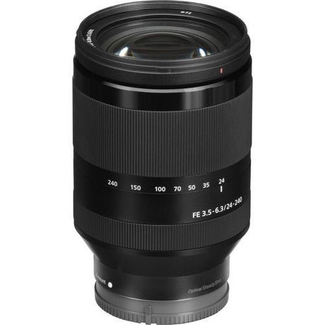 Angled view of black 24-240mm zoom lens showing scale from 24 to 240mm