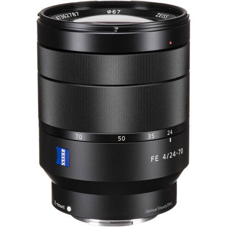 Black FE 4/24-70mm ZA OSS Vario-Tessar lens, front with aperture scale markings