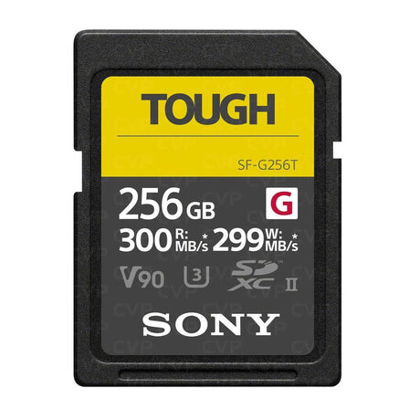 256GB SDXC UHS-II V90 SD card with TOUGH branding and speed ratings 300/299MB/s