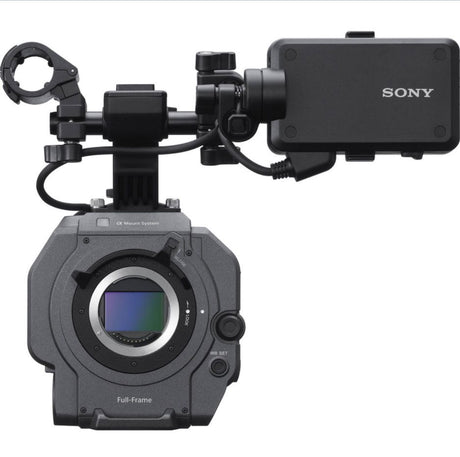 Cinema camera with lens and viewfinder, front close-up showing full-frame sensor