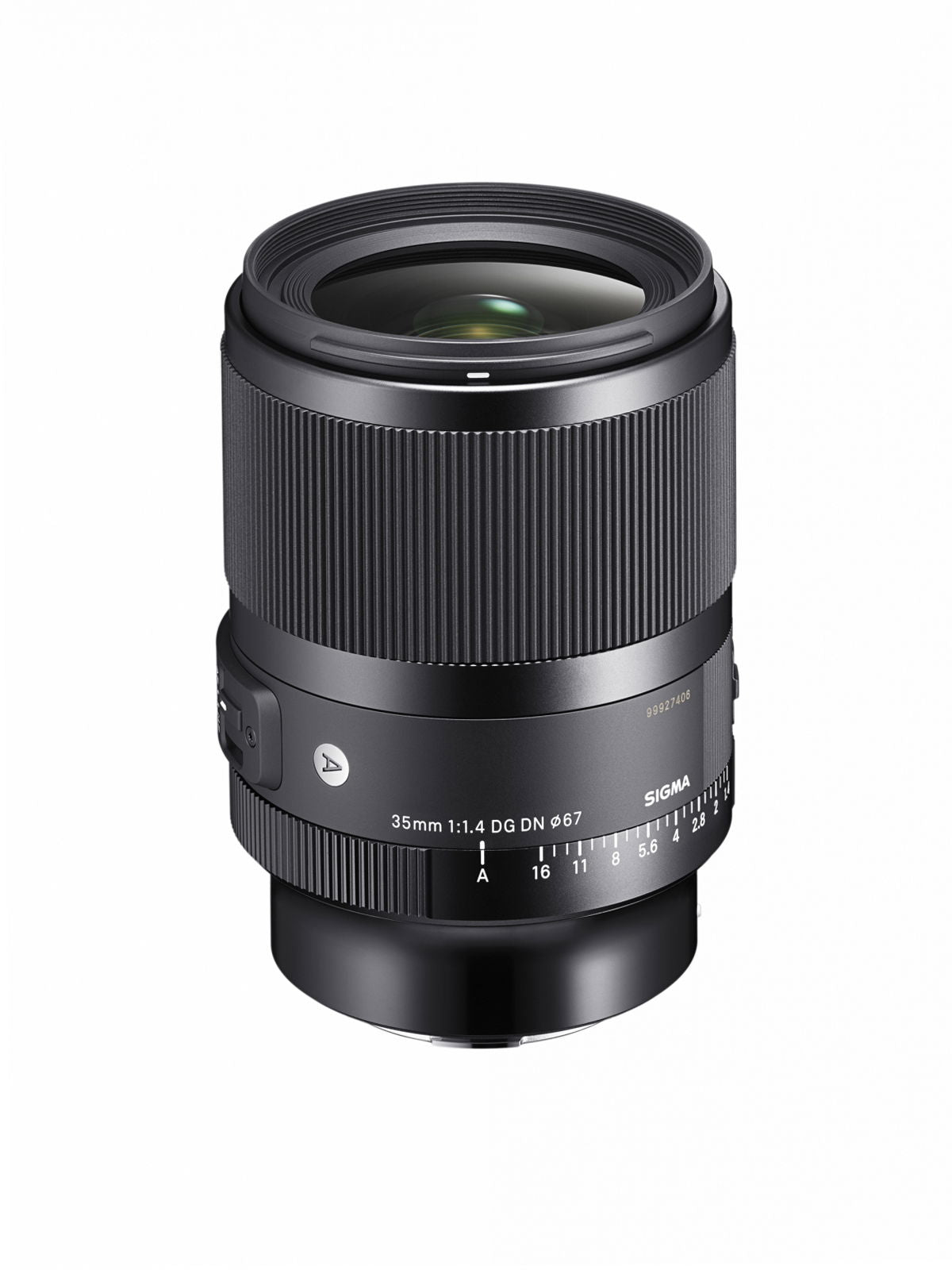 Black 35mm f/1.4 lens with front element glass and ribbed focus ring, aperture dial