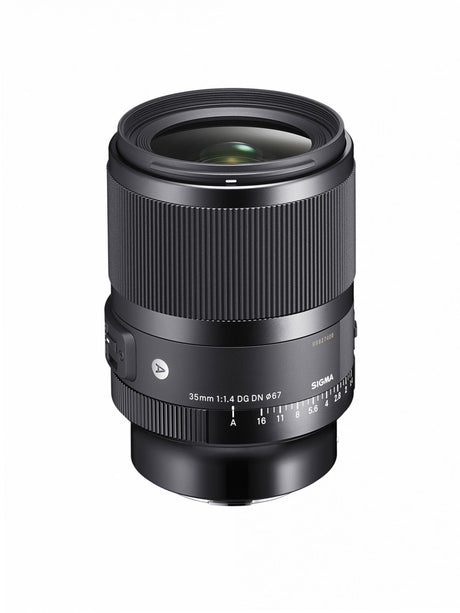 Black 35mm f/1.4 lens with front element glass and ribbed focus ring, aperture dial