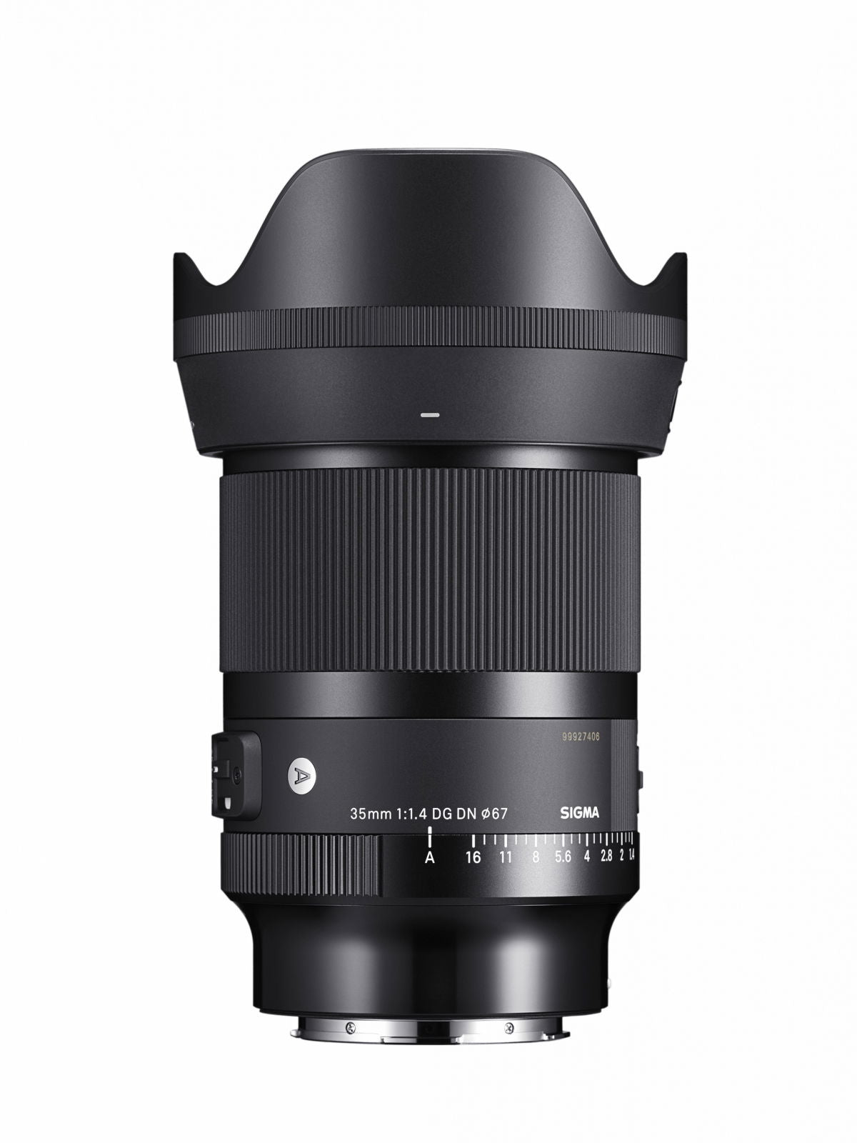 Black 35mm f/1.4 Art II lens front view with hood and aperture scale markings