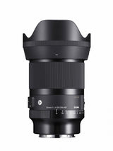 Black 35mm f/1.4 Art II lens front view with hood and aperture scale markings
