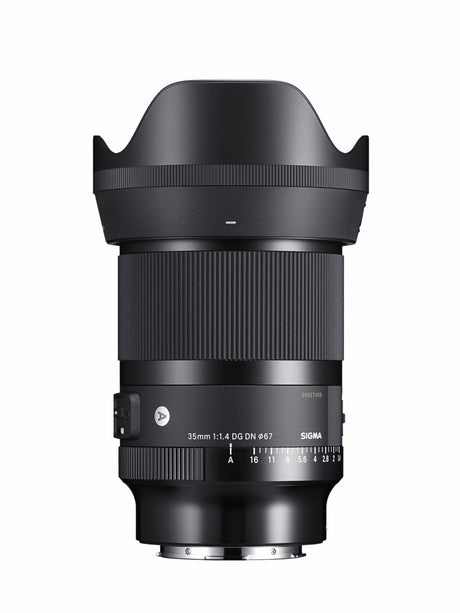 Black 35mm f/1.4 Art II lens front view with hood and aperture scale markings