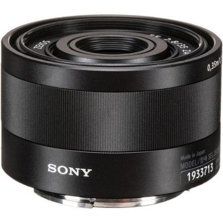 35mm lens rear view with textured black body and engraved branding