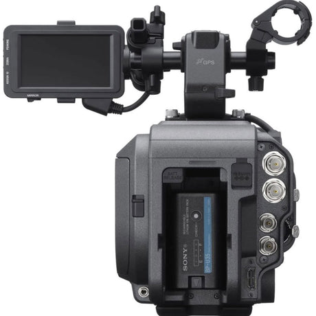 Cinema camera body with flip-out LCD and rear I/O ports, back view