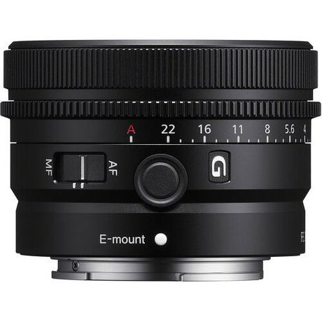 Black lens rear view with E-mount contacts and AF/MF switch buttons