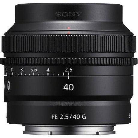 Black 40mm FE 2.5 G lens front with ridged hood and printed 40 and FE 2.5/40 G