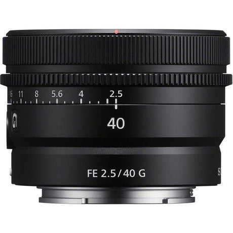 Black 40mm FE 2.5 G lens front with focus scale and f-number markings