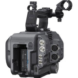 Cinema camera body with rear connectors and battery area, left side view