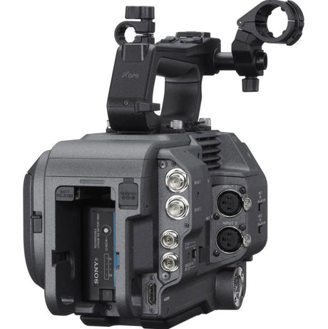 Cinema camera body with rear connectors and battery area, left side view