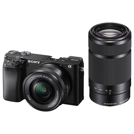 Black Sony mirrorless camera with 16-50mm lens and 55-210mm telephoto lens