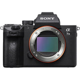 Black mirrorless camera body, front view with lens mount and E-mount ring