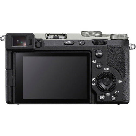Mirrorless camera rear view, black body with LCD screen and control dials